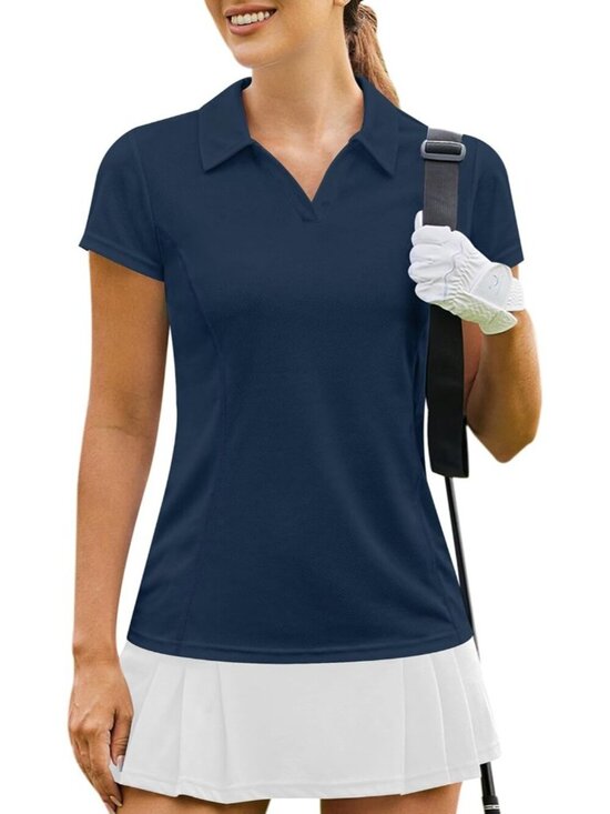 Tops - Women's Navy Blue Golf Shirt Short Sleeve Quick Dry V-Neck Tennis Tops Fit